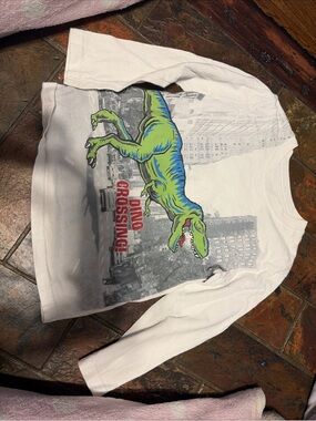 Kids White Long Sleeve Top with Neon Green Dinosaur Graphic
